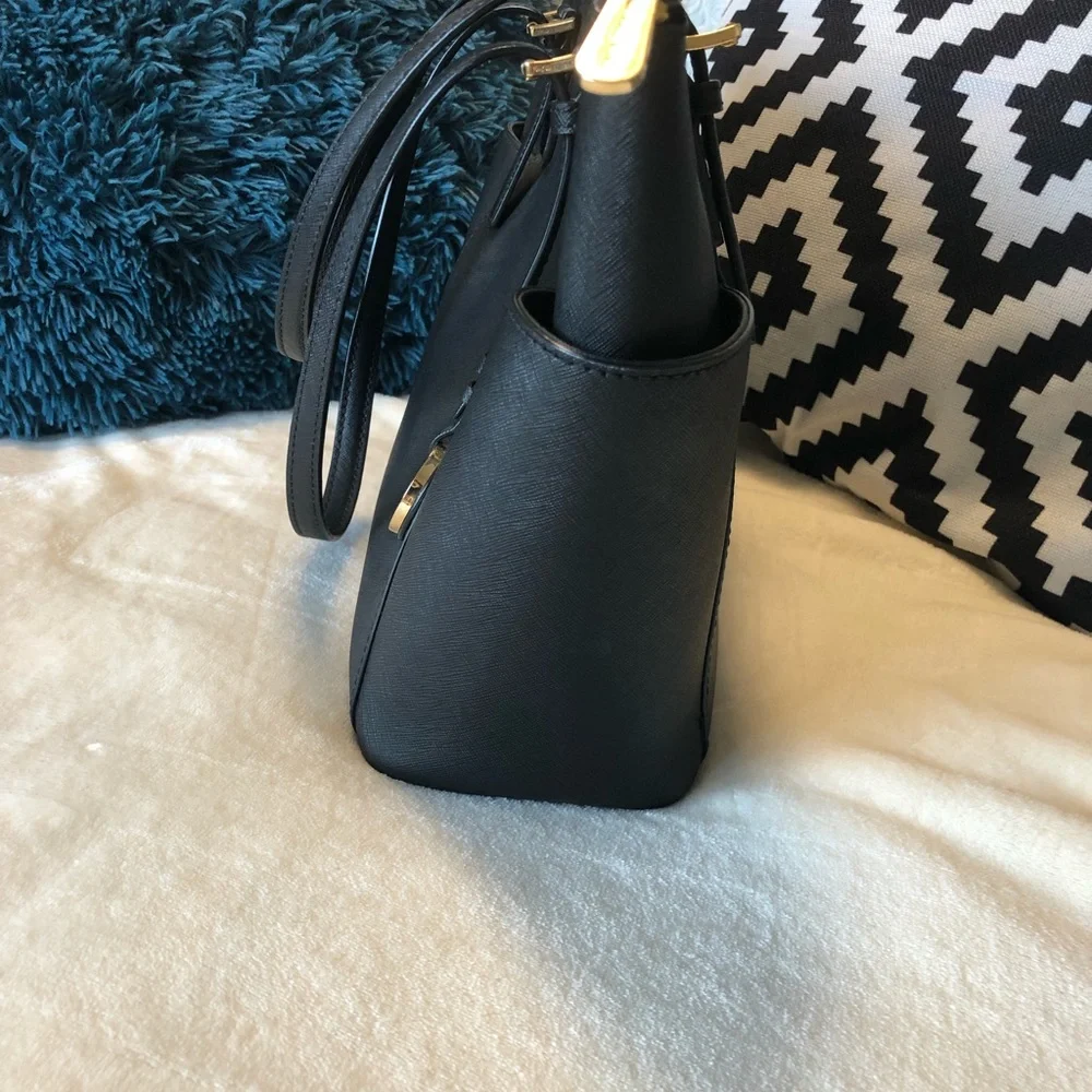 Michael Kors Black Saffiano Leather Tote with Gold Logo Charm
